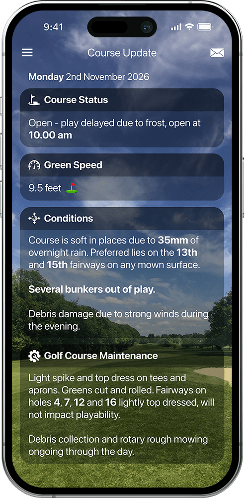 Course Update screen with course status, green speed, conditions and maintenance information