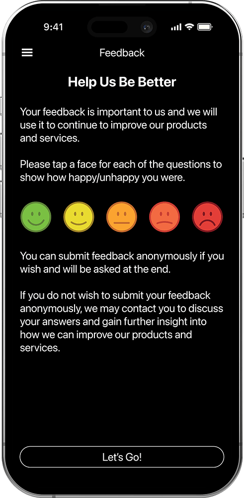 CourseMate golfer feedback introduction with a five-point satisfaction scale