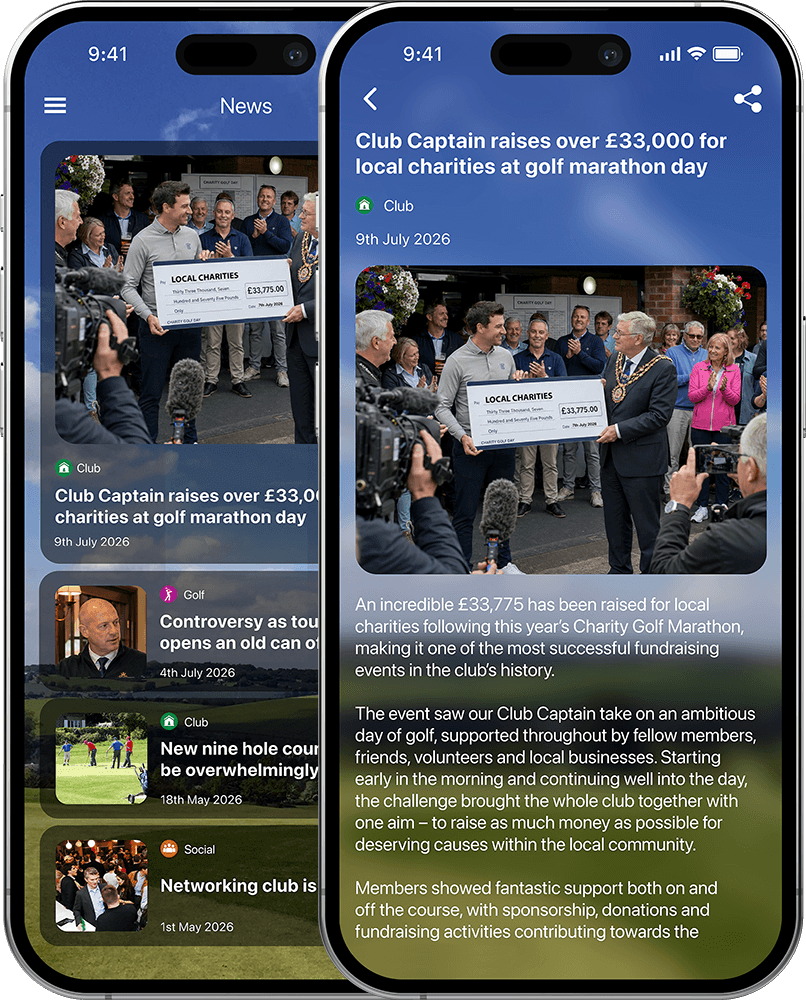CourseMate news feed and a club charity fundraising article