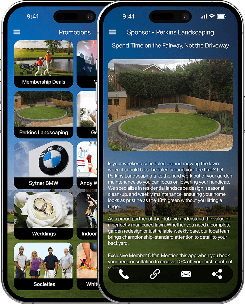 CourseMate promotions categories and a sponsor promotion with contact and sharing options