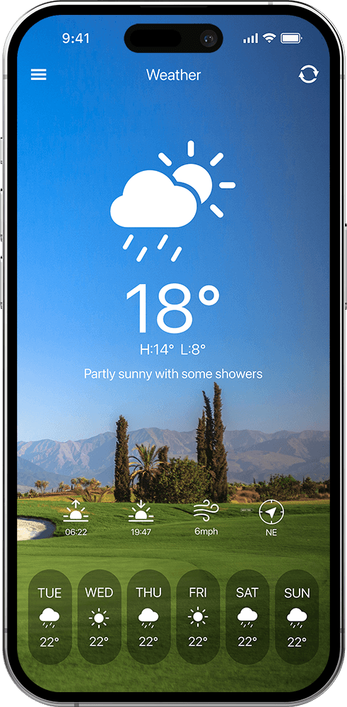 CourseMate weather screen with current conditions, wind and the week-ahead forecast