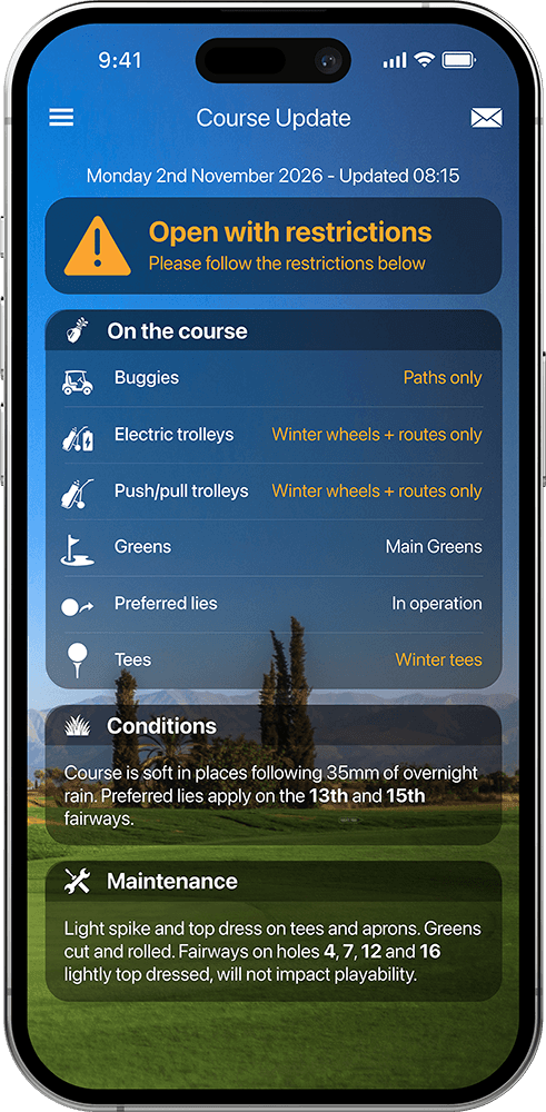 Course Update screen with course status, green speed, conditions and maintenance information